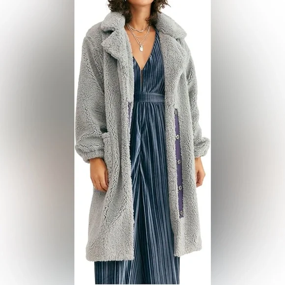 Free People Tessa Cozy Gray Teddy Coat Jacket Dusty Blue L XL - Picture 16 of 16